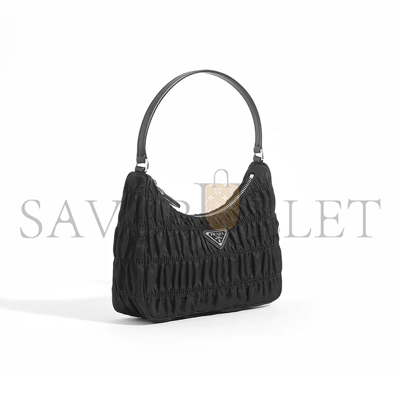 PRADA RE-EDITION 2000 HOBO BAG IN RUCHED BLACK NYLON 1NE204 (22*13*6cm) 